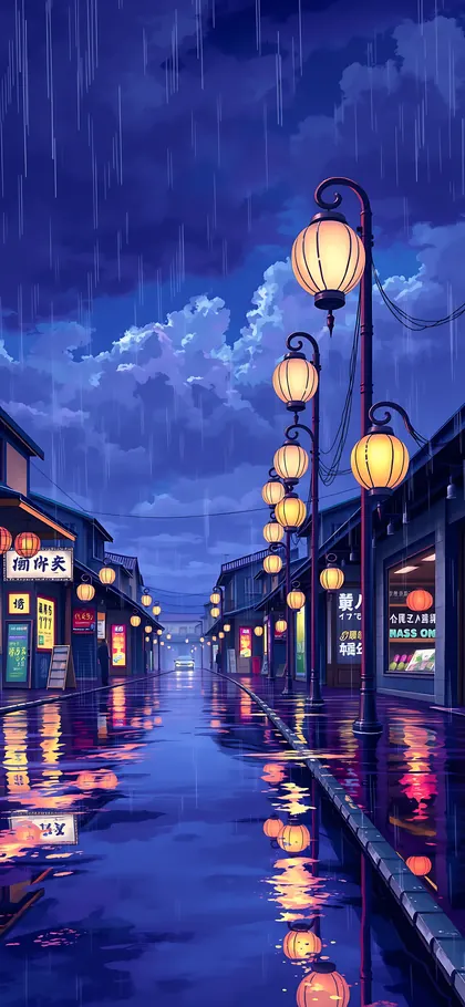 Rainy Shopping Street – phone wallpaper from the Anime Skies Wallpaper Pack