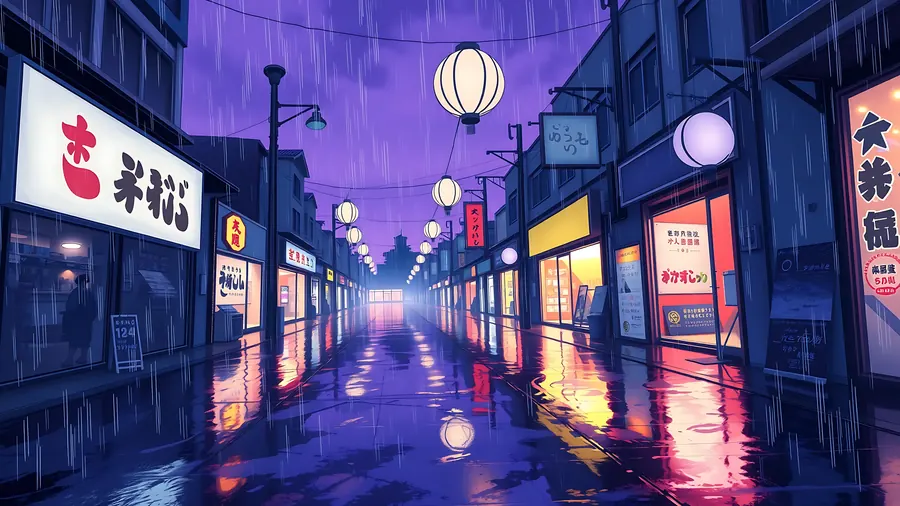 Rainy Shopping Street – desktop wallpaper from the Anime Skies Wallpaper Pack