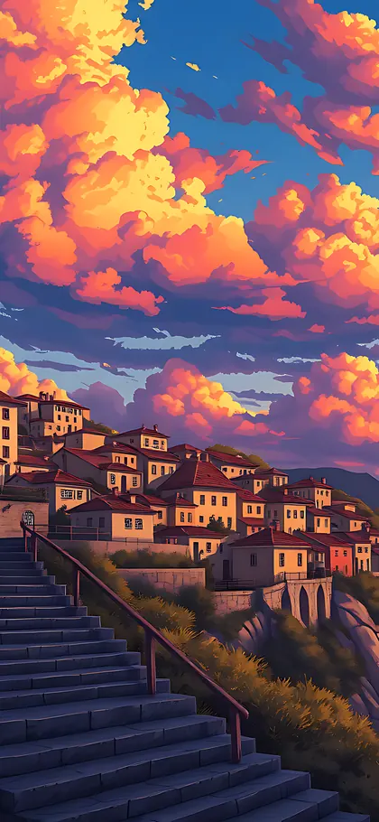 Seaside Town – phone wallpaper from the Anime Skies Wallpaper Pack