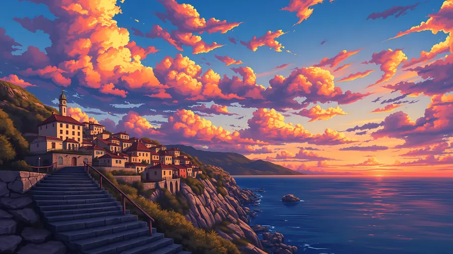 Seaside Town – desktop wallpaper from the Anime Skies Wallpaper Pack