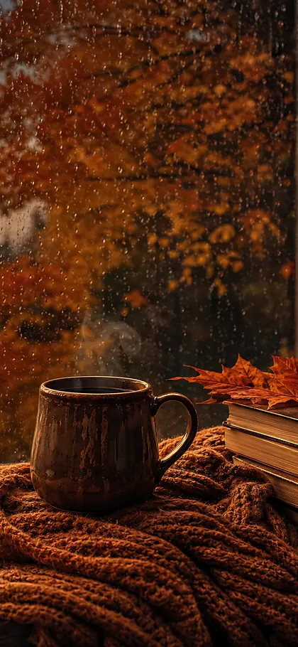 Rainy Cabin Window – phone wallpaper from the Cozy Autumn Wallpaper Pack