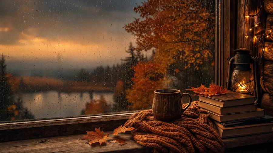 Rainy Cabin Window – desktop wallpaper from the Cozy Autumn Wallpaper Pack