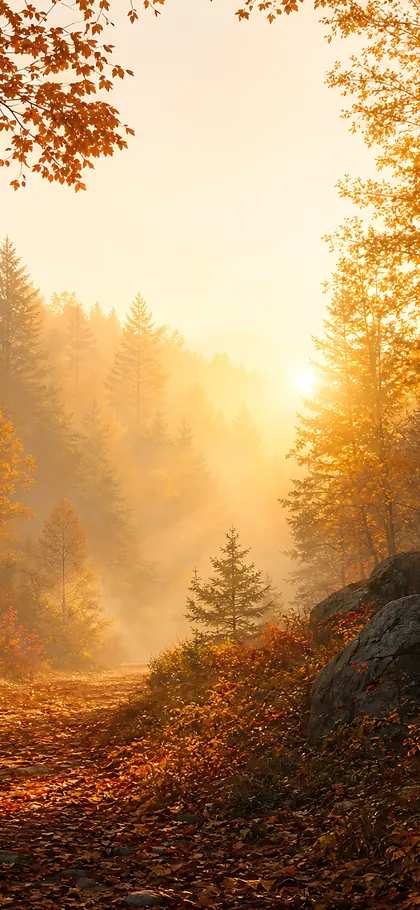 Golden Forest Path – phone wallpaper from the Cozy Autumn Wallpaper Pack