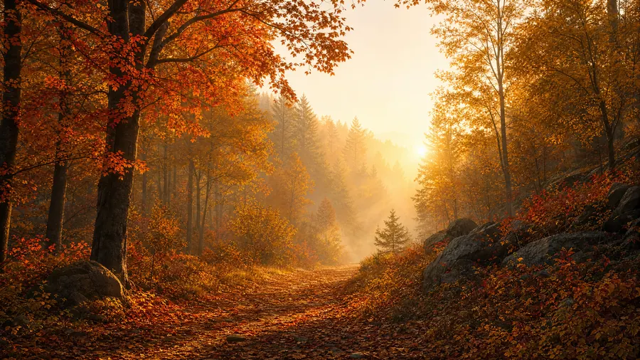 Golden Forest Path – desktop wallpaper from the Cozy Autumn Wallpaper Pack