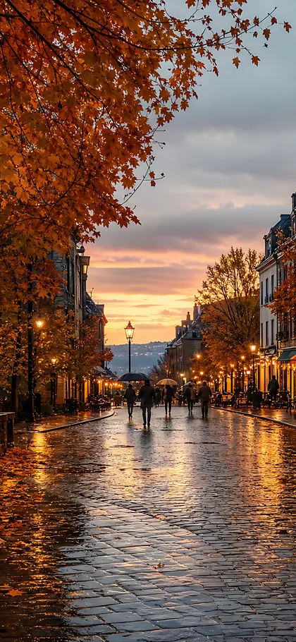 Rainy Café Street – phone wallpaper from the Cozy Autumn Wallpaper Pack