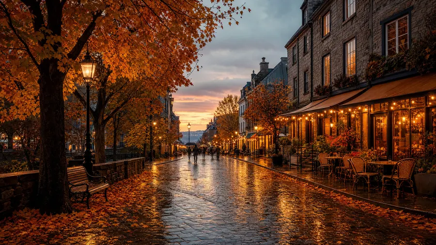 Rainy Café Street – desktop wallpaper from the Cozy Autumn Wallpaper Pack