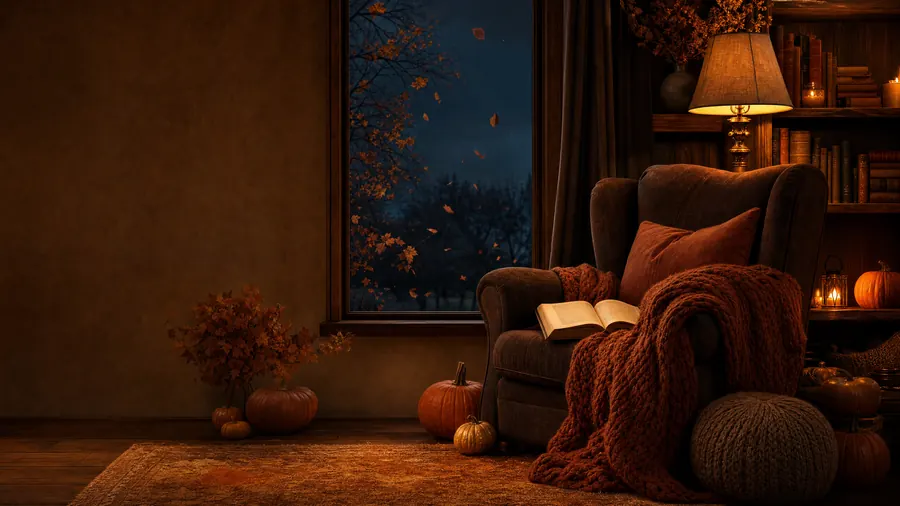 Reading Nook – desktop wallpaper from the Cozy Autumn Wallpaper Pack