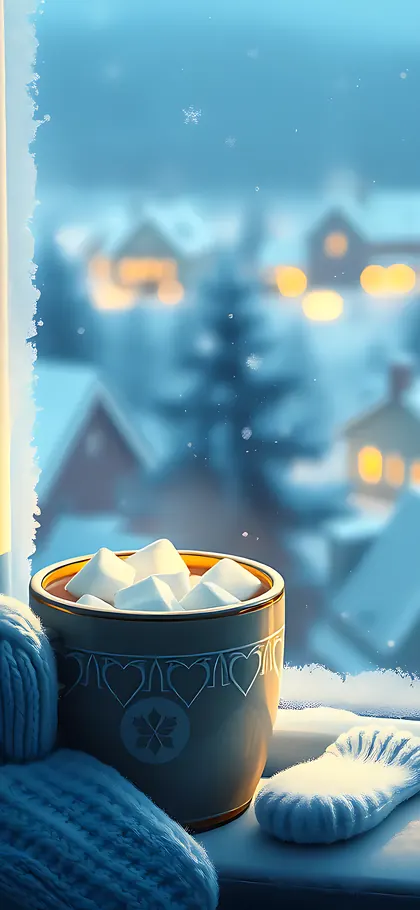 Hot Cocoa Window – phone wallpaper from the Cozy Winter Wallpaper Pack