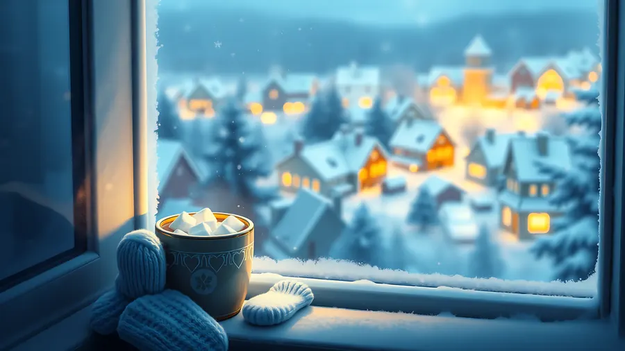 Hot Cocoa Window – desktop wallpaper from the Cozy Winter Wallpaper Pack