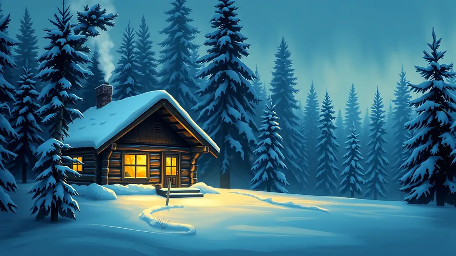Snowy Cabin – desktop wallpaper from the Cozy Winter Wallpaper Pack