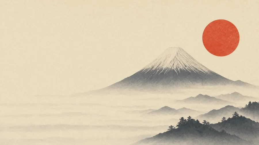 Fuji & Red Sun – desktop wallpaper from the Japanese Minimalist Wallpaper Pack
