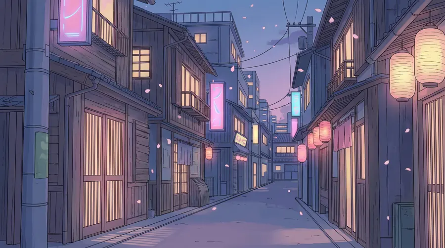 Japanese City Dusk – desktop wallpaper from the Lofi Aesthetic Wallpaper Pack