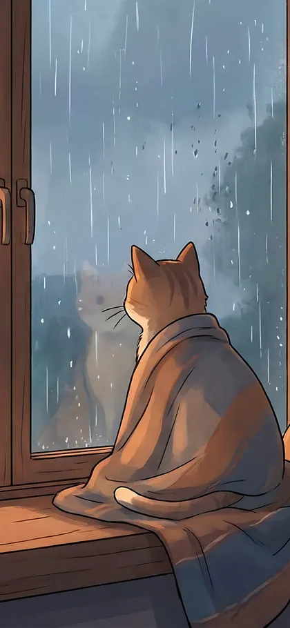 Rainy Window Cat – phone wallpaper from the Lofi Aesthetic Wallpaper Pack