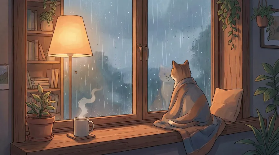 Rainy Window Cat – desktop wallpaper from the Lofi Aesthetic Wallpaper Pack