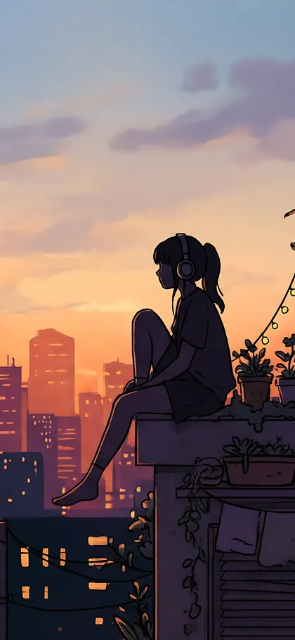 Rooftop Sunset – phone wallpaper from the Lofi Aesthetic Wallpaper Pack