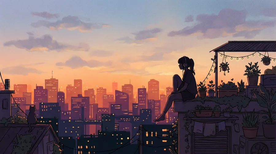 Rooftop Sunset – desktop wallpaper from the Lofi Aesthetic Wallpaper Pack