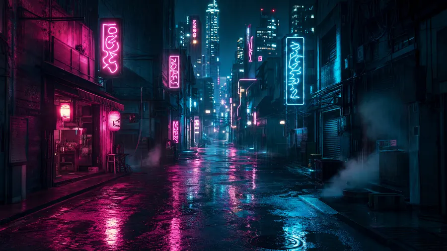 Rainy Neon Alley – desktop wallpaper from the Urban Vibes Wallpaper Pack
