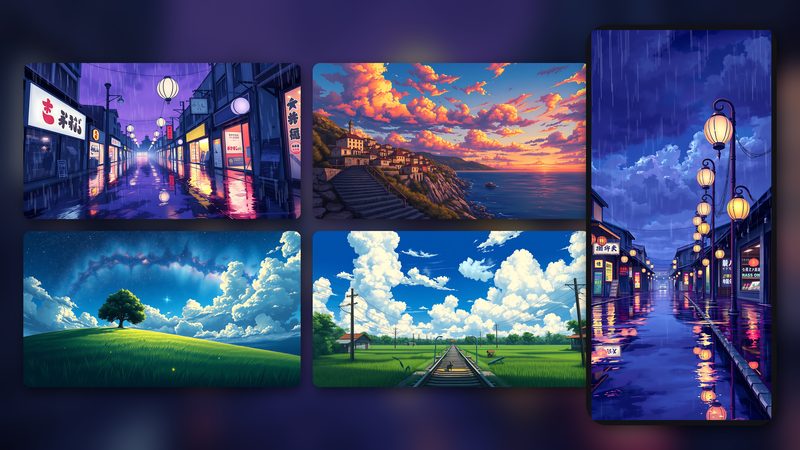 Anime Skies Wallpaper Pack preview: 4 anime-style sky wallpapers - summer clouds, starry hill, seaside sunset and rainy shopping street