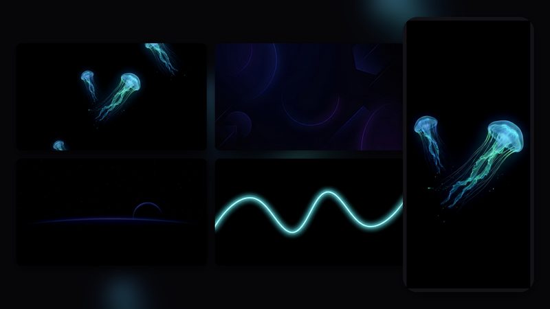 Dark Mode Essentials Pack preview: 4 OLED-perfect wallpapers with true blacks - geometry, bioluminescent, neon, space