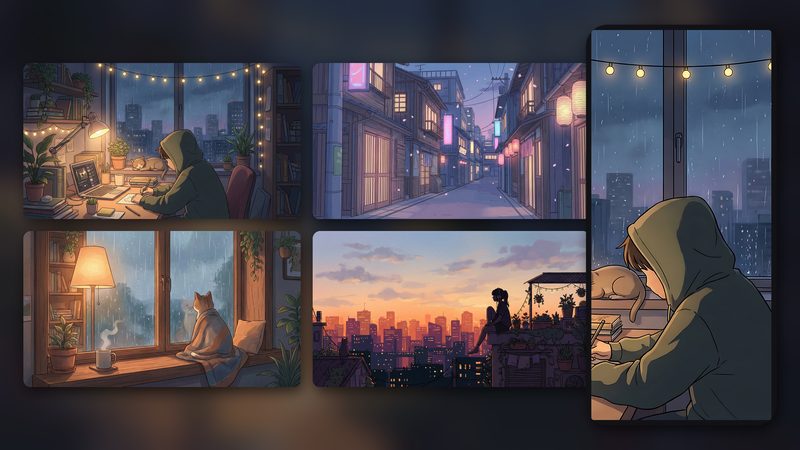 Lofi Aesthetic Wallpaper Pack preview: 4 cozy anime-style wallpapers - study room, city dusk, rainy cat, rooftop sunset