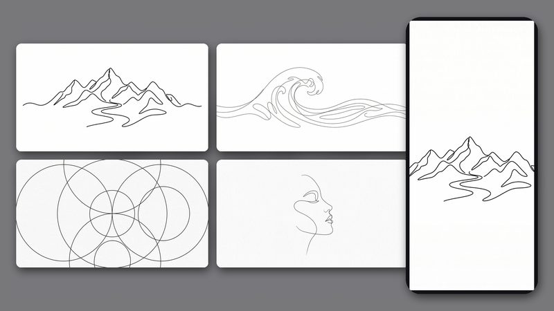 Minimal Lines Wallpaper Pack preview: 4 elegant line art wallpapers - mountains, waves, geometry, portrait