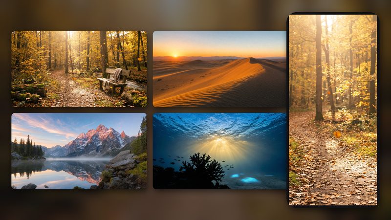 Nature Escapes Wallpaper Pack preview: 4 nature wallpapers - autumn forest, desert dunes, alpine lake and underwater light
