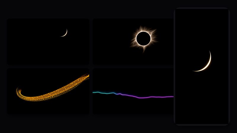 OLED Pure Black Wallpaper Pack preview: 4 true black (#000000) OLED wallpapers - eclipse, crescent moon, neon ridge line and light ribbon