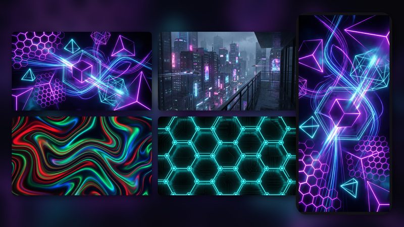RGB Gamer Wallpaper Pack preview: 4 vibrant gaming aesthetic wallpapers - neon geometry, cyberpunk city, RGB waves, hex tech