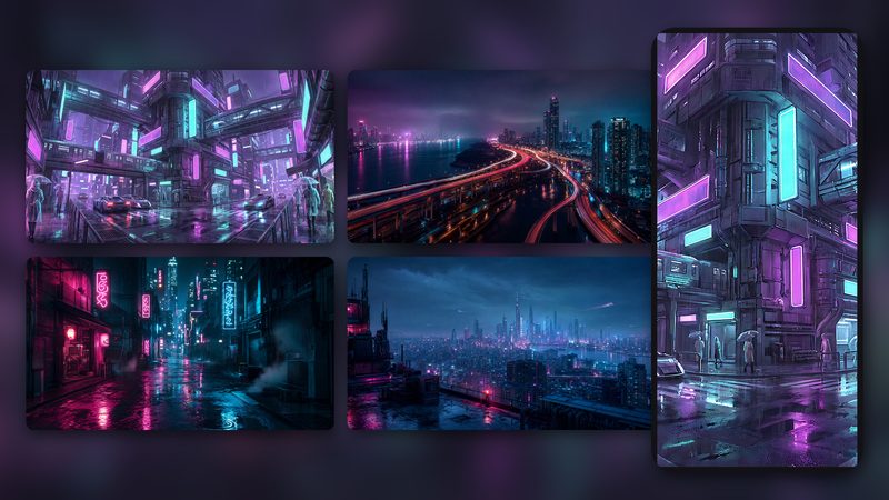 Urban Vibes Wallpaper Pack preview: 4 neon city wallpapers - cyberpunk streets, rainy alleys, skylines and light trails