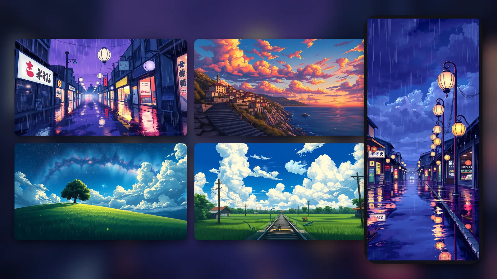 Anime Skies Wallpaper Pack: 4 anime-style sky wallpapers - summer clouds, starry hill, seaside sunset and rainy shopping street