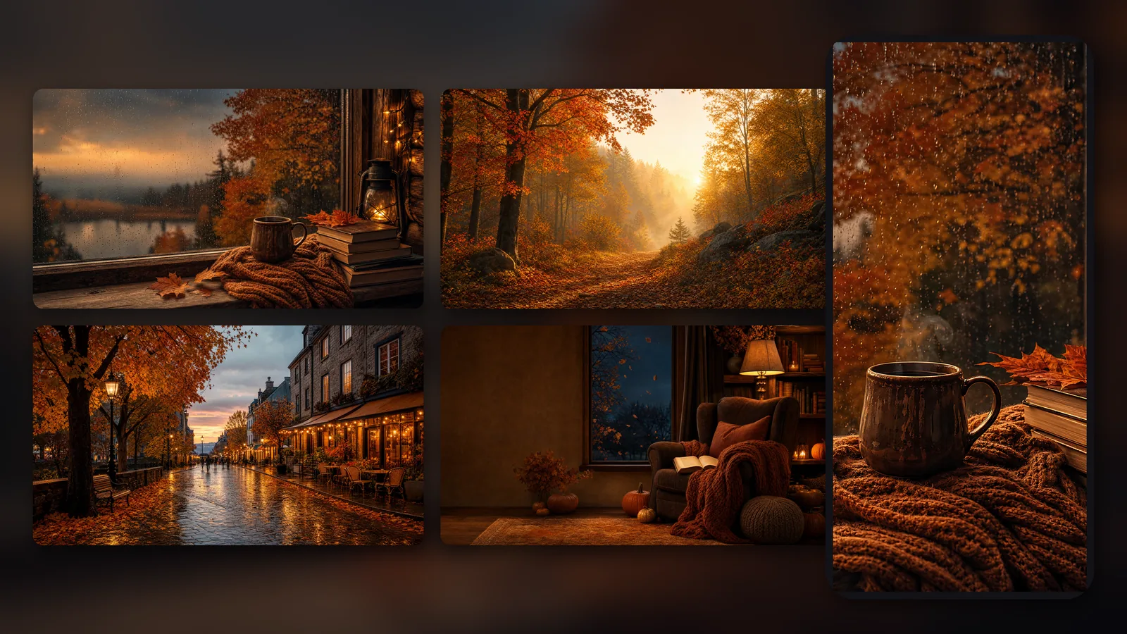 Cozy Autumn Wallpaper Pack: 4 cozy autumn wallpapers - rainy cabin window, golden forest, café street and candle-lit reading nook