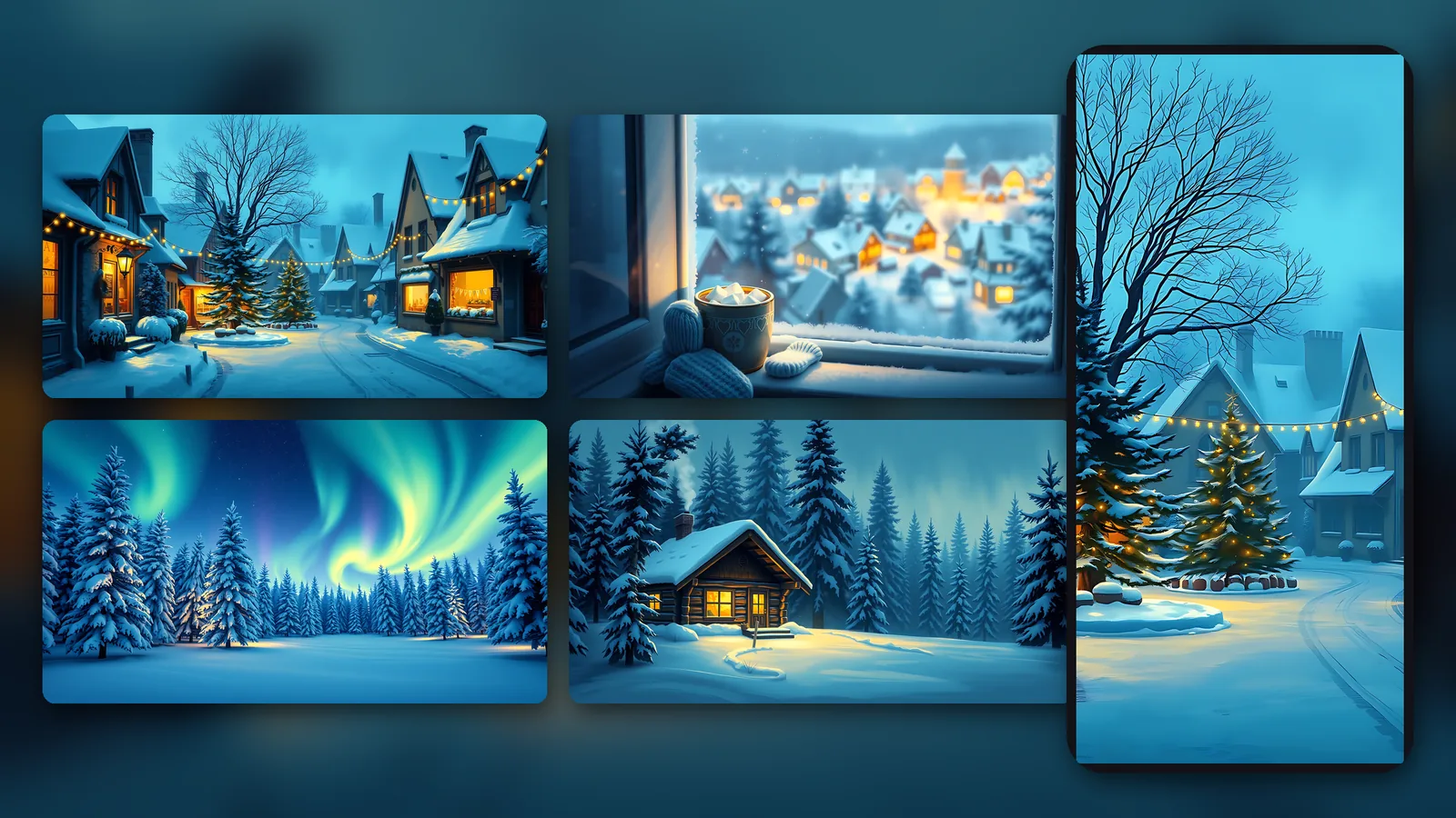 Cozy Winter Wallpaper Pack: 4 cozy winter wallpapers - snowy cabin, hot cocoa window, northern lights and a festive village