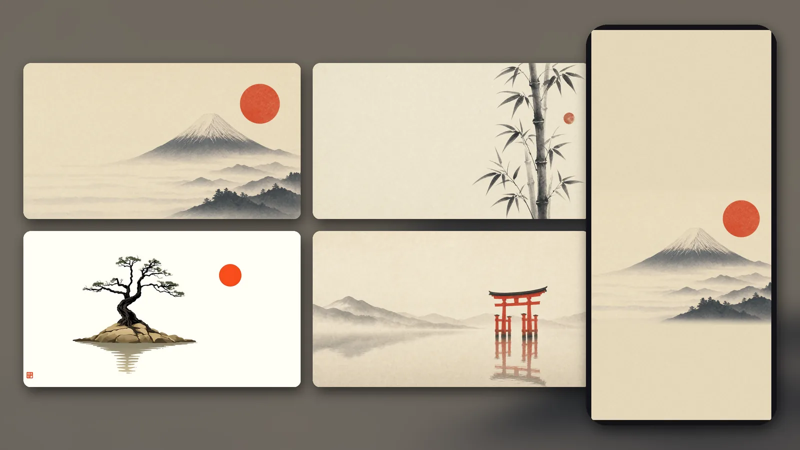 Japanese Minimalist Wallpaper Pack: 4 Japanese minimalist wallpapers - Mount Fuji, torii gate, ink bamboo and lone pine on washi-paper cream